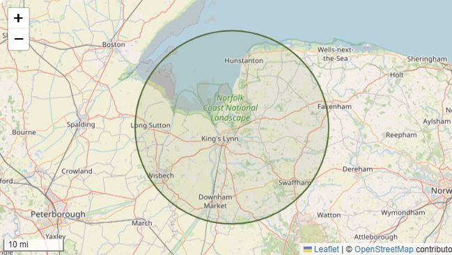 Map showing our usual service area around King's Lynn and the north Norfolk coast